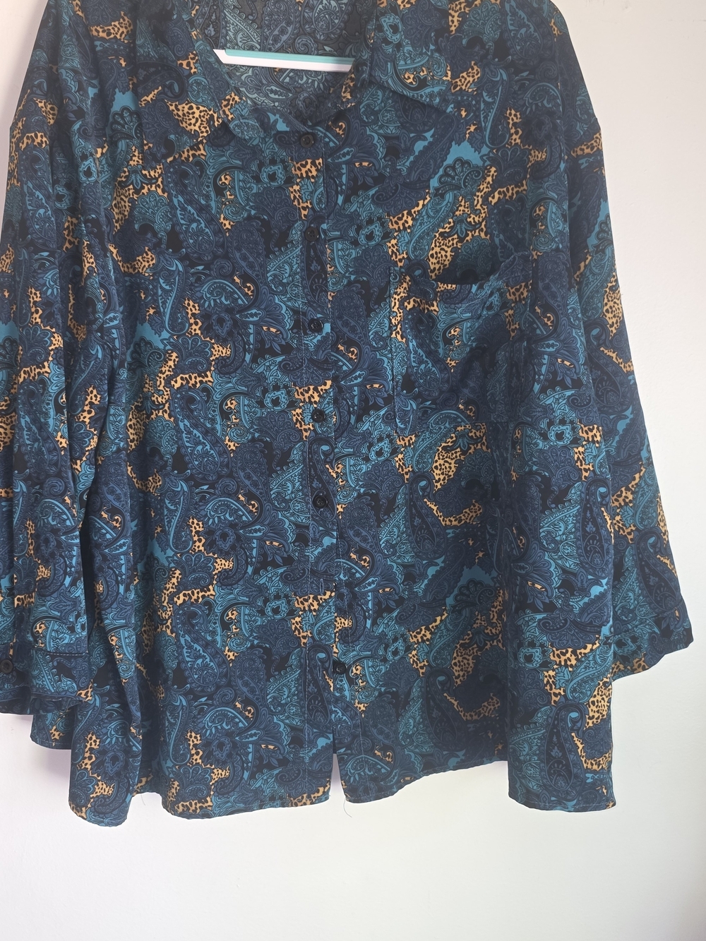 SHEIN Teal Navy Paisley Button-Up Blouse with Gold Accent
